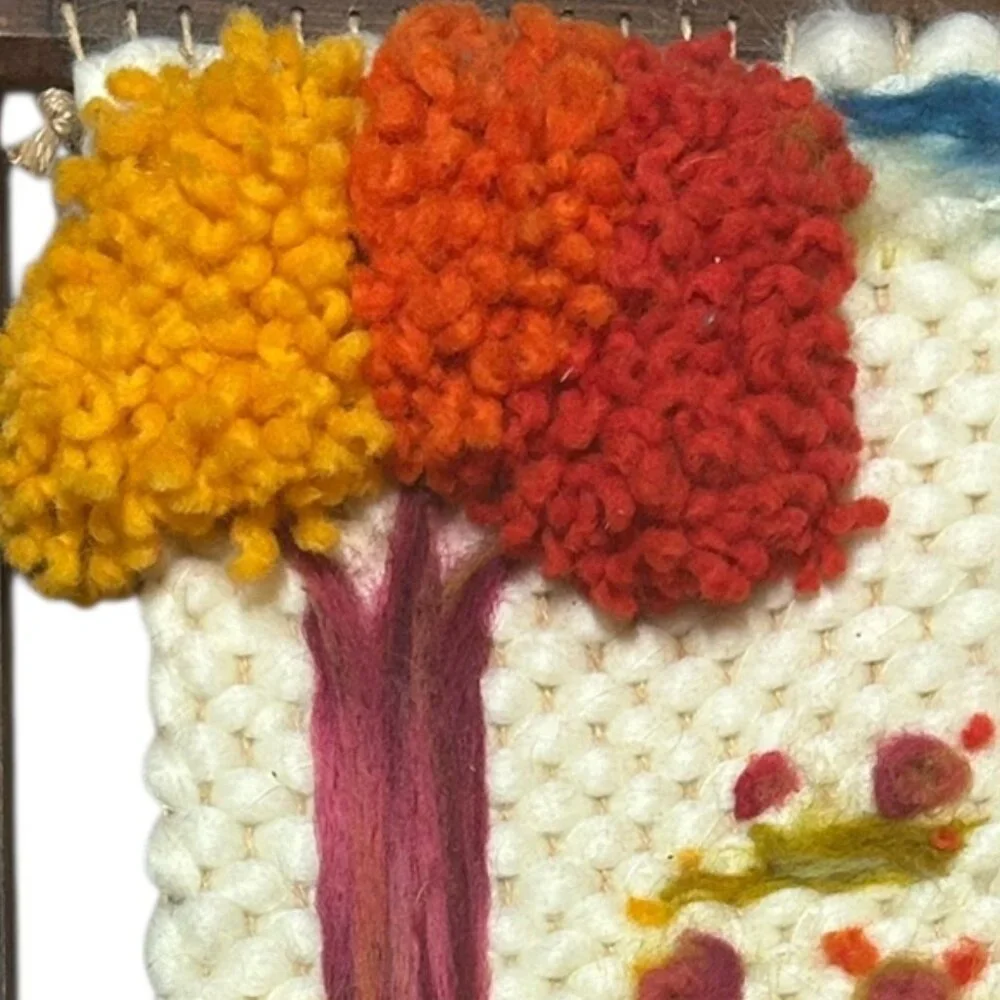 Vtg Handmade Fiber Art Tree Scene Weaving Rug Hooking Wool Felting Boho Wall Art - Picture 7 of 7